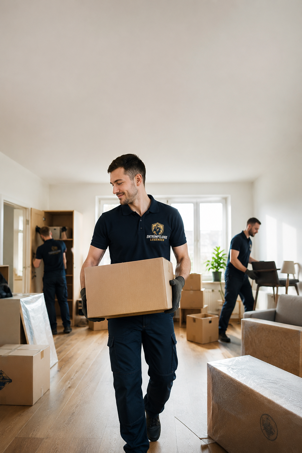 Mitarbeiter von Entrümpelungslegenden mit Karton bei einer Wohnungsraeumung